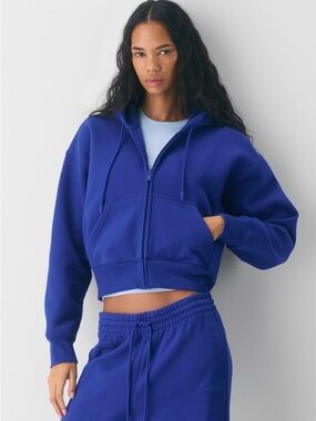 TNA Sweat Fleece Boyfriend Boxy Zip Hoodie (Blue)